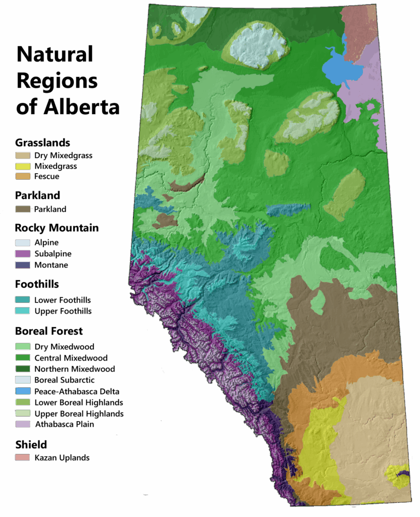 A map of the natural regions of alberta, including grasslands, parkland, rocky mountain, foothills, boreal forest, and canadian shield