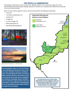 The people and communities. The athabasca watershed is home to more than 180,000 residents. 112 communities depend on water resources found within the Athabasca watershed. This image includes a map of Alberta, with the Athabasca watershed delineated within.